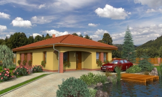 Projekt domu na úzky pozemok s valbovou strechou a terasou.